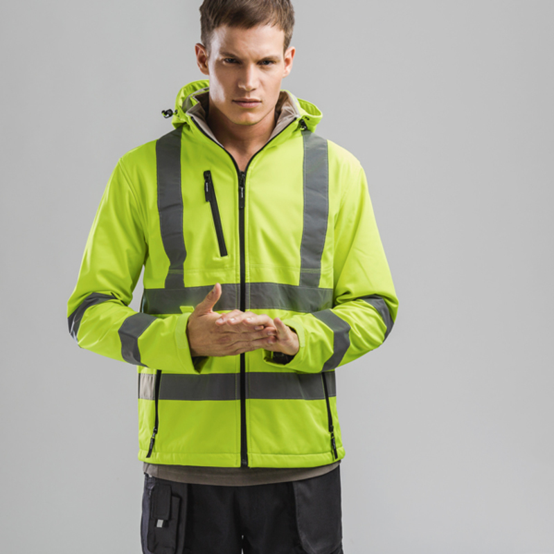 ZAGREB WORK. High-visibility softshell jacket for men, with removable hood