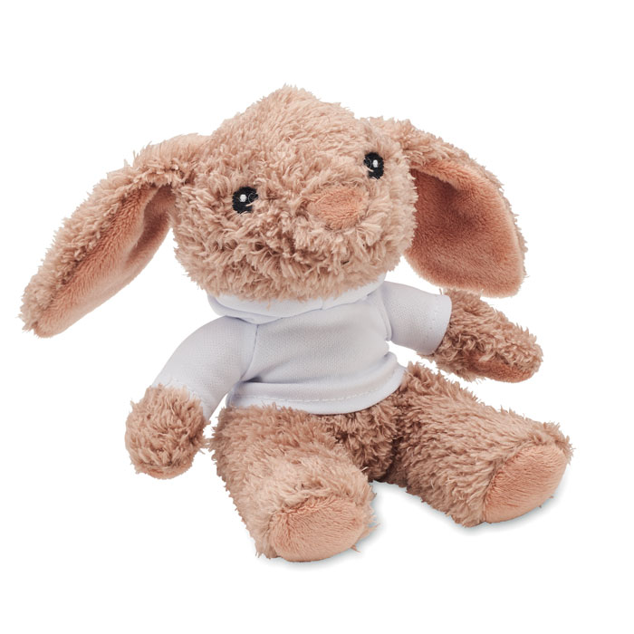 Bunny plush wearing a hoodie