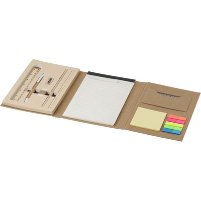 Conference folder, notebook, ruler, ball pen, pencils, pencil sharpener, eraser, sticky notes