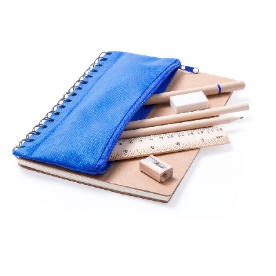 School set, pencil case, 2 pencils, ball pen, notebook, ruler, eraser and pencil sharpener