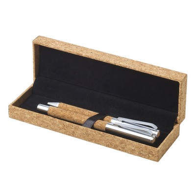 Cork writing set, ball pen and roller ball pen