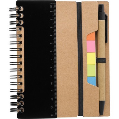 Memo holder, notebook, ball pen, ruler, sticky notes