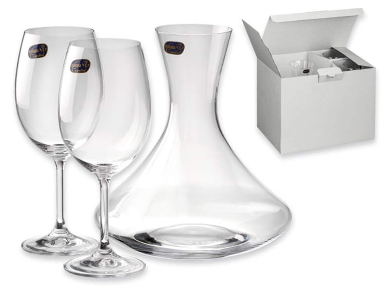 WINE SET set of carafe and 2 glasses, BOHEMIA, in gift box, Transparent