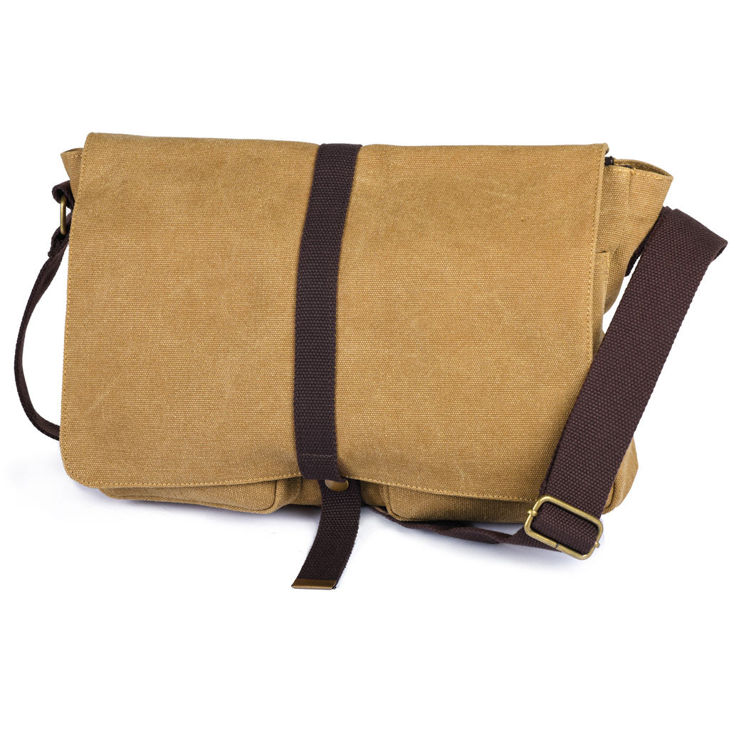 in canvas polycotton material with vintage looking. Two open pockets under front part which closes by a metal button. Compartment with zipper fastener