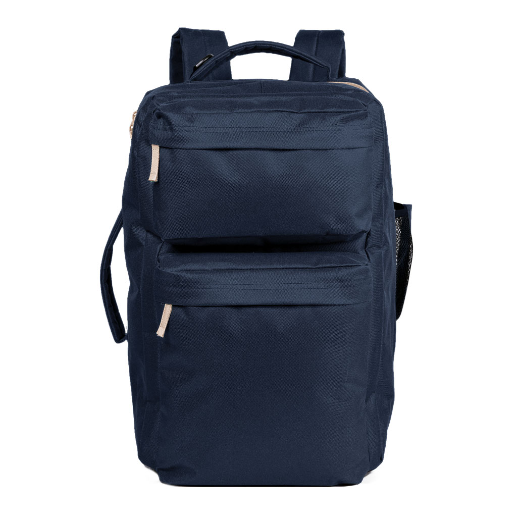 travel bag that became a comfortable rucksack thanks to the padded and hidden shoulder straps on the back.  With two front compartments