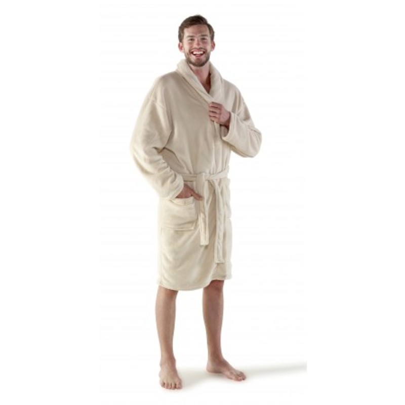 Fleece bathrobe with two sewed front pockets.