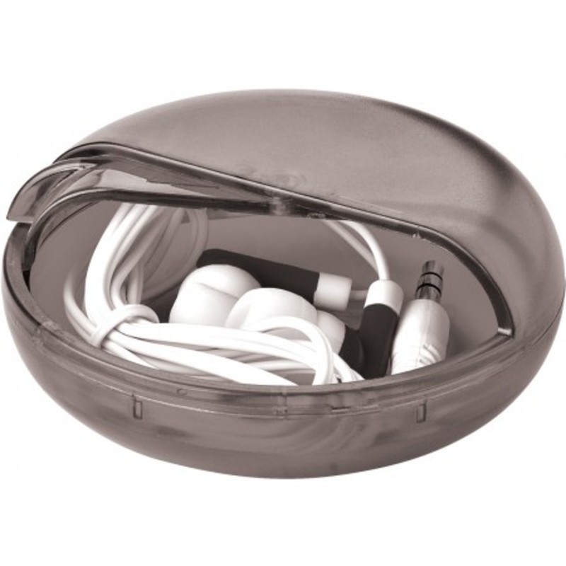 Pair of coloured earphones in a round plastic case