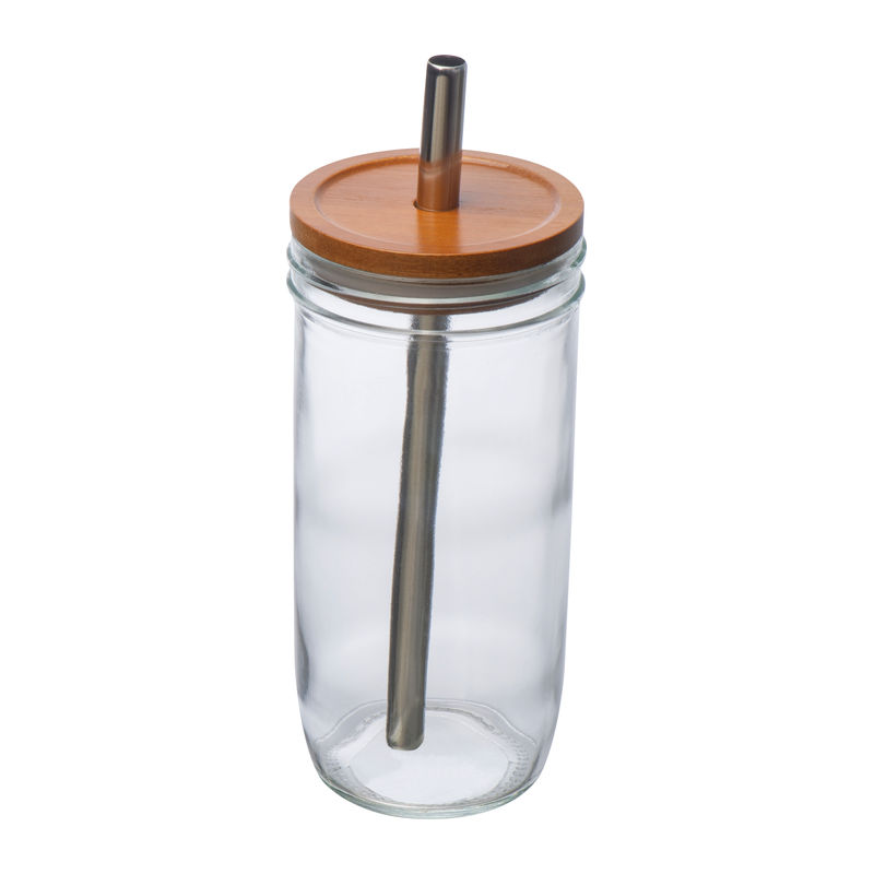 Glass mug with bamboo lid and straw