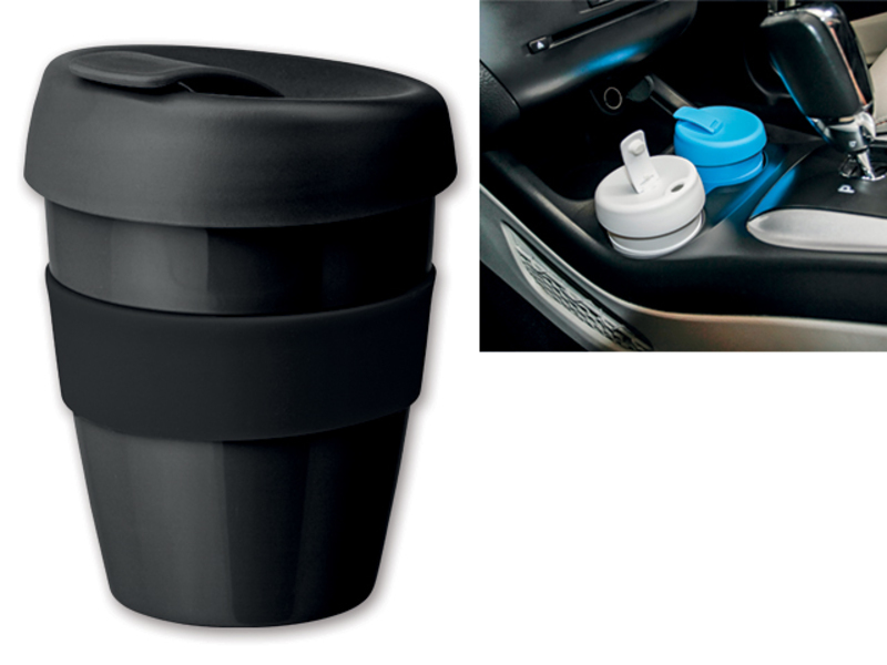 TUMBLER plastic cup with a lid and silicone ring, Black