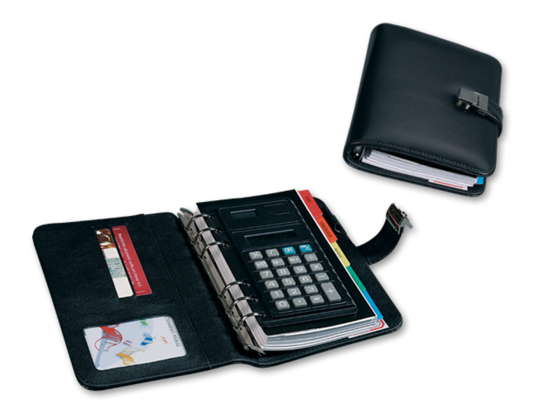 NORA organizer from leather imitation with calculator, Black